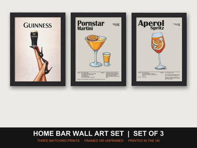 Home Bar Wall Art Set | Set of 3 Prints: Guinness, Pornstar Martini, Aperol Spritz