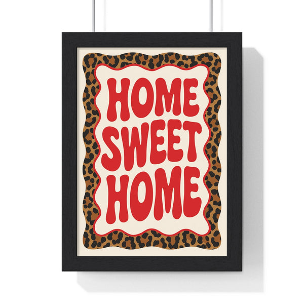 Home Sweet Home bold leopard print poster with red retro typography in black frame