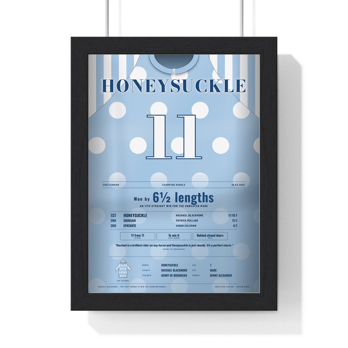 Honeysuckle Champion Hurdle 2021 Horse Racing Poster - Unbeaten Mare Silks Print framed in a black frame, ready to hang