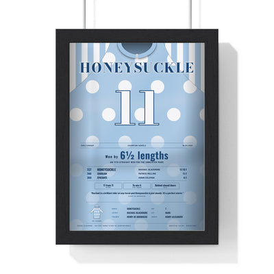 Honeysuckle Champion Hurdle 2021 Horse Racing Poster - Unbeaten Mare Silks Print framed in a black frame, ready to hang