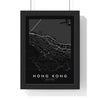 Hong Kong street map poster in black, minimal city map print framed in a black frame