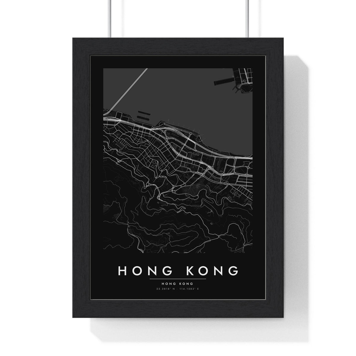 Hong Kong street map poster in black, minimal city map print framed in a black frame