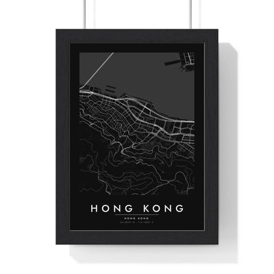 Hong Kong street map poster in black, minimal city map print framed in a black frame