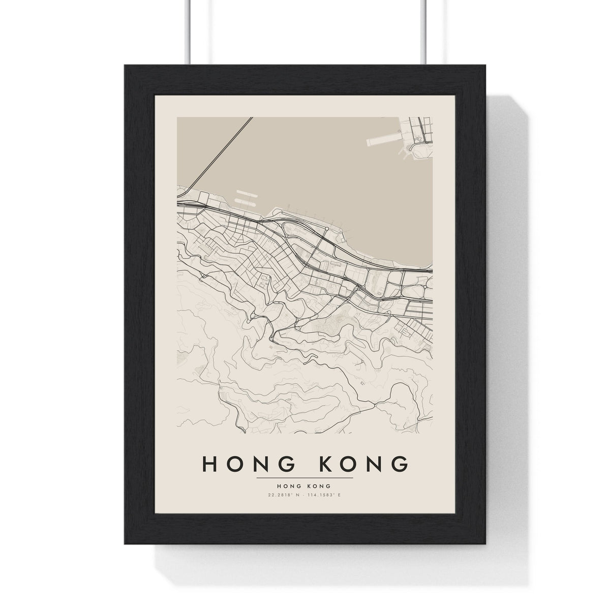 Hong Kong street map poster in cream, minimal city map print framed in a black frame