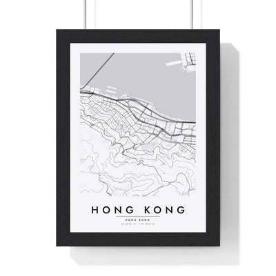 Hong Kong street map poster in white, minimal city map print framed in a black frame