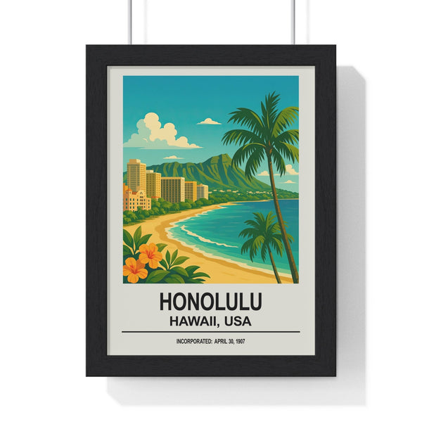 Honolulu Hawaii travel poster featuring Waikiki Beach and Diamond Head framed in black wood