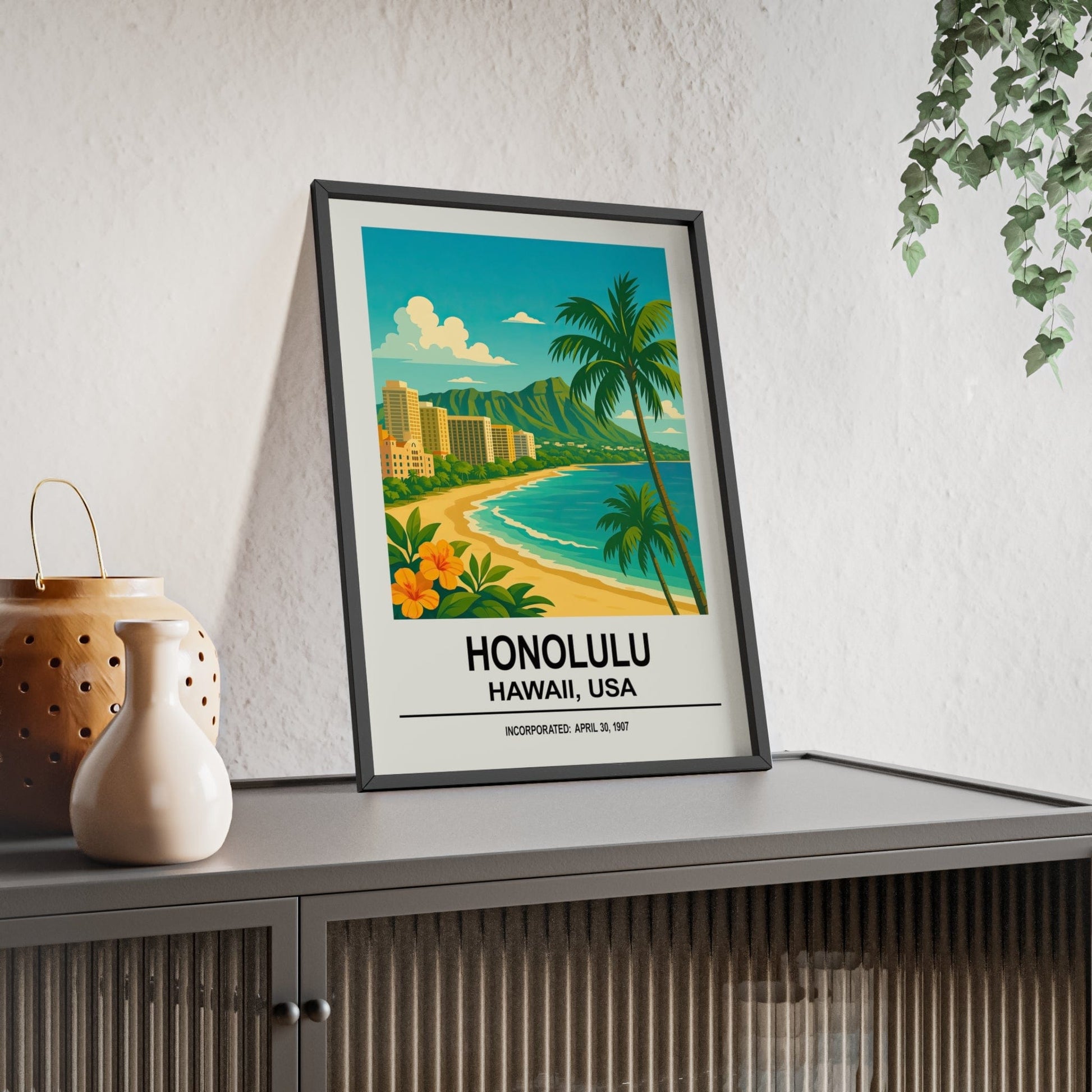 Framed Honolulu Hawaii travel poster