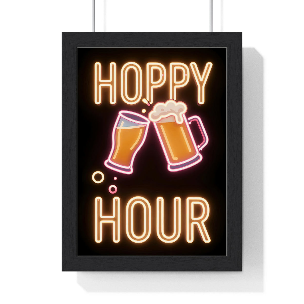 Hoppy Hour Neon Print framed in a black frame, ready to hang