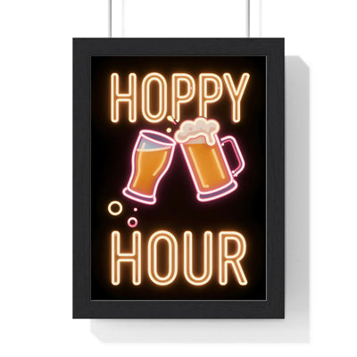 Hoppy Hour Neon Print framed in a black frame, ready to hang