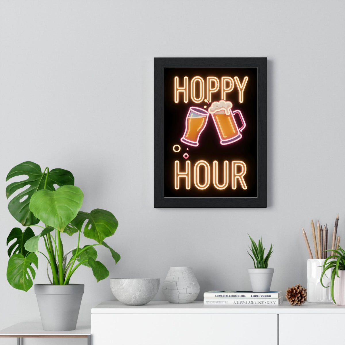 Hoppy Hour Neon Print framed on a living room wall