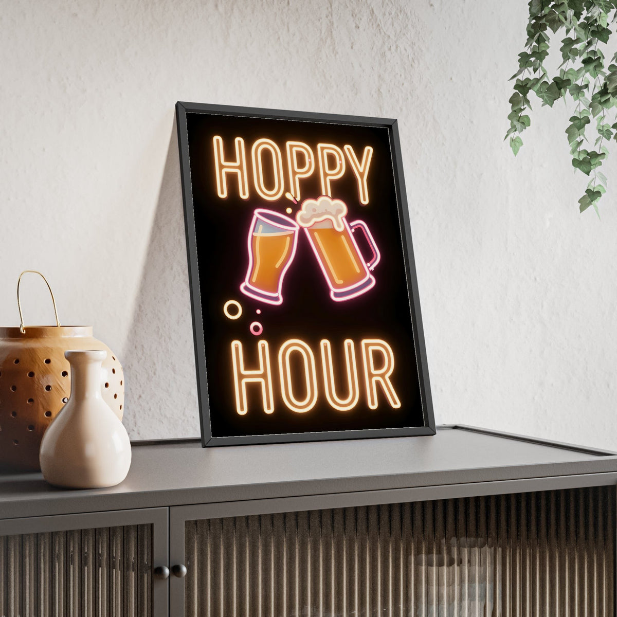 Hoppy Hour Neon Print framed and leaning on a sideboard
