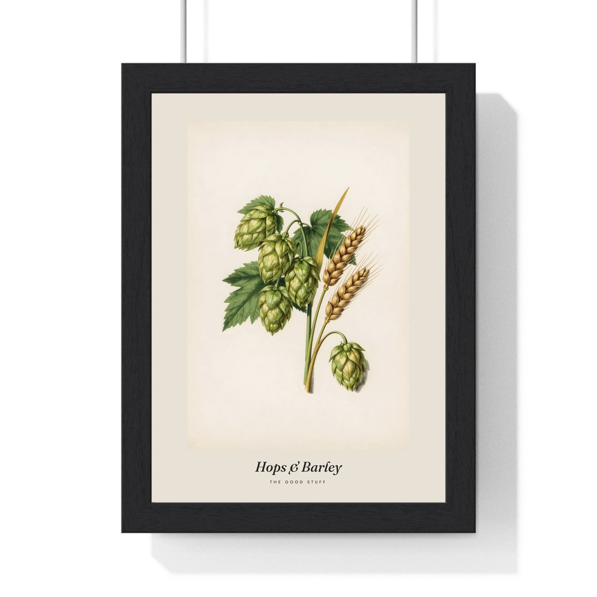 Hops and Barley Print framed in a black frame, ready to hang