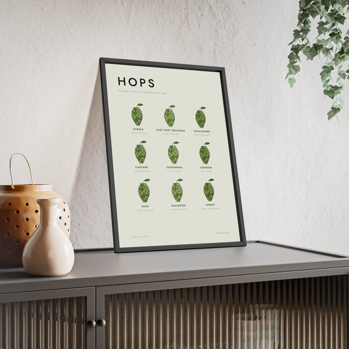 Hops Guide print framed and leaning on a sideboard