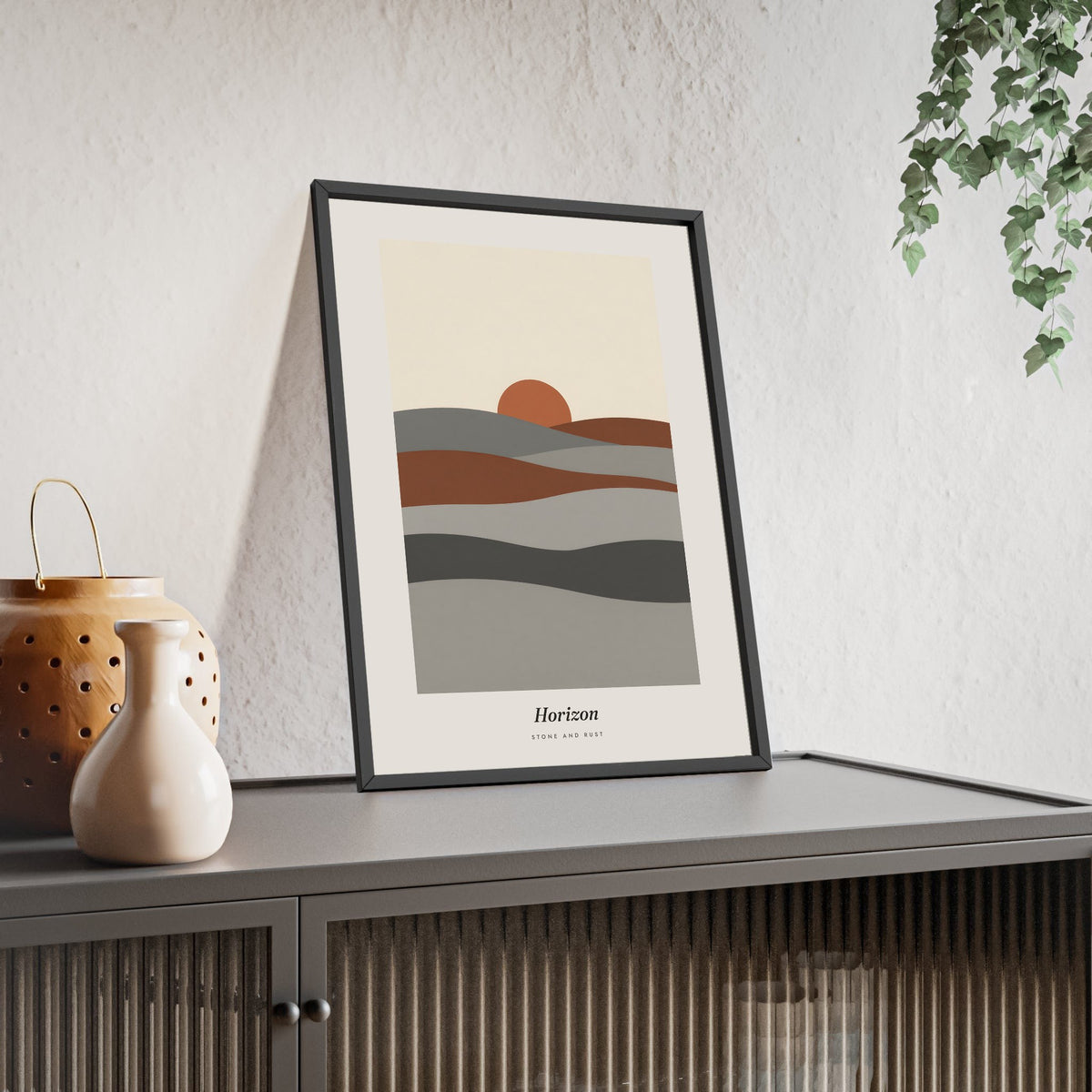 Horizon Abstract Print - Home Office Wall Art framed and leaning on a sideboard