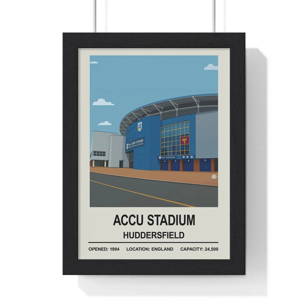 Huddersfield Giants Accu Stadium poster in black frame with white mount on cream wall