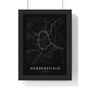 Huddersfield street map poster in black, minimal city map print framed in a black frame