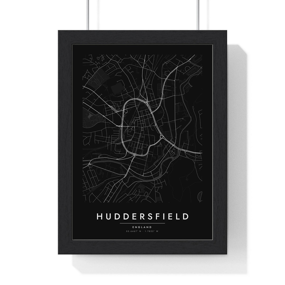 Huddersfield street map poster in black, minimal city map print framed in a black frame