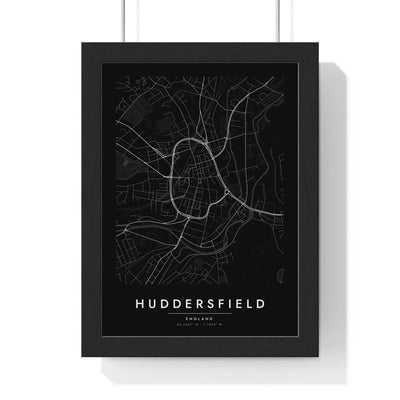 Huddersfield street map poster in black, minimal city map print framed in a black frame