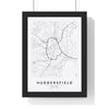 Huddersfield street map poster in white, minimal city map print framed in a black frame