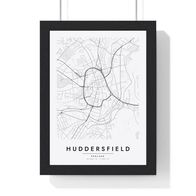 Huddersfield street map poster in white, minimal city map print framed in a black frame
