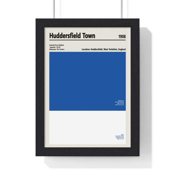 Huddersfield Town colour swatch print framed in black frame on living room wall