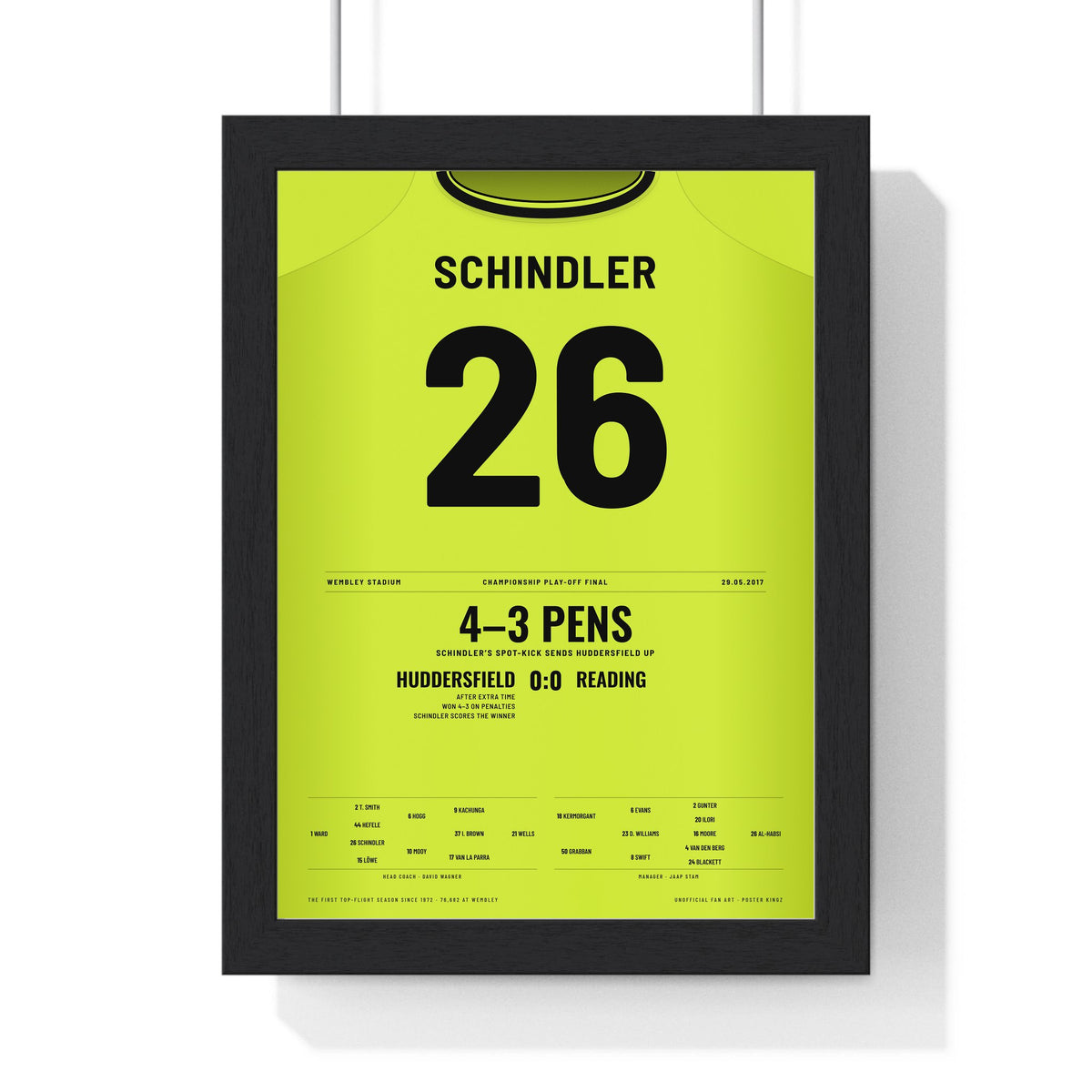 Huddersfield Town Play-Off Final 2017 Poster - Christopher Schindler 26 Winning Penalty Shirt Print framed in a black frame, ready to hang