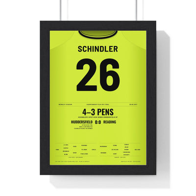 Huddersfield Town Play-Off Final 2017 Poster - Christopher Schindler 26 Winning Penalty Shirt Print framed in a black frame, ready to hang