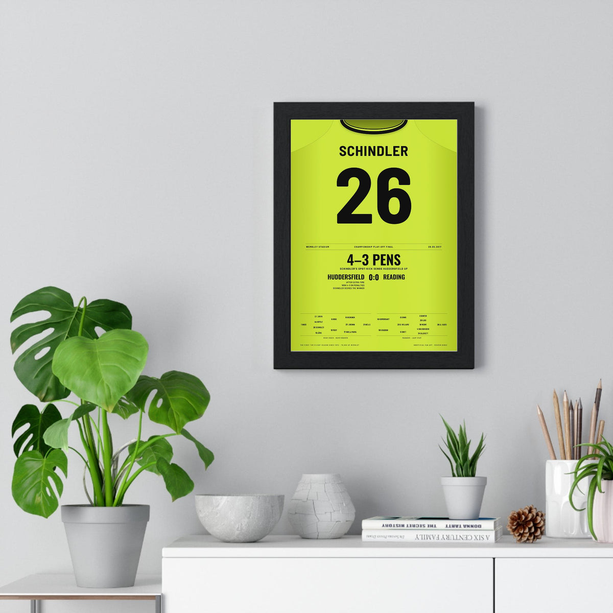 Huddersfield Town Play-Off Final 2017 Poster - Christopher Schindler 26 Winning Penalty Shirt Print framed on a living room wall
