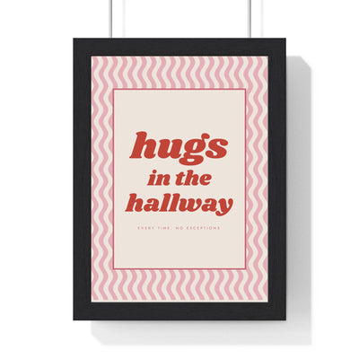 Hugs in the Hallway Print framed in a black frame, ready to hang