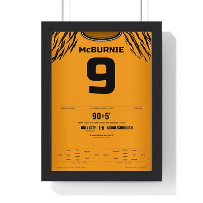 Hull City Play-Off Final 2026 Poster - Oli McBurnie 9 Wembley Shirt Print framed in a black frame, ready to hang