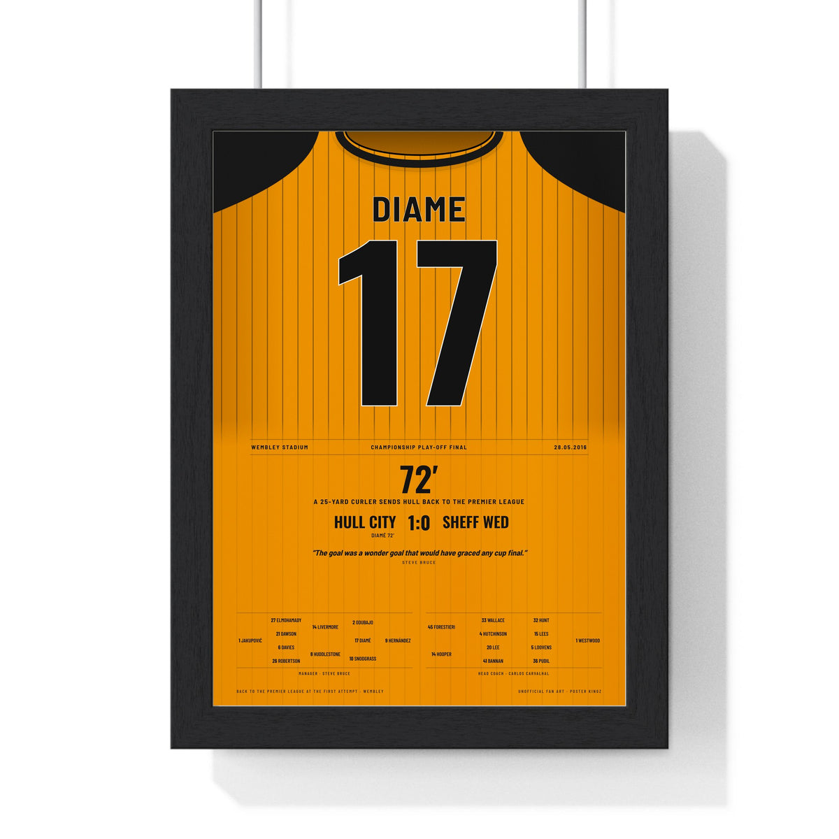 Hull City Play-Off Final 2016 Poster - Mohamed Diame 17 Wembley Shirt Print framed in a black frame, ready to hang