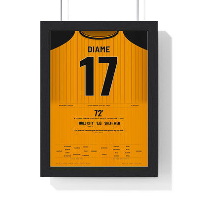 Hull City Play-Off Final 2016 Poster - Mohamed Diame 17 Wembley Shirt Print framed in a black frame, ready to hang