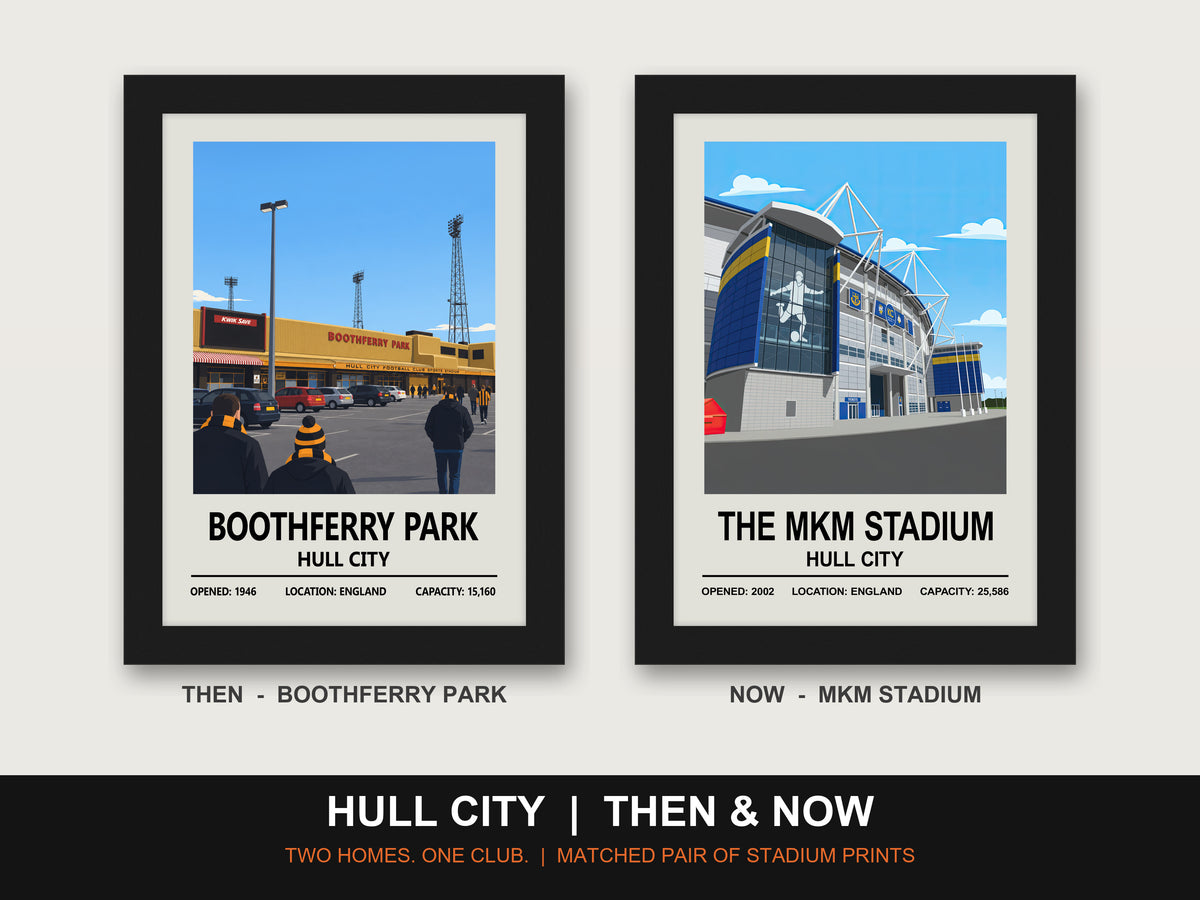 Hull City Then & Now Stadium Set | Boothferry Park + MKM Stadium Prints - framed prints shown together as a set