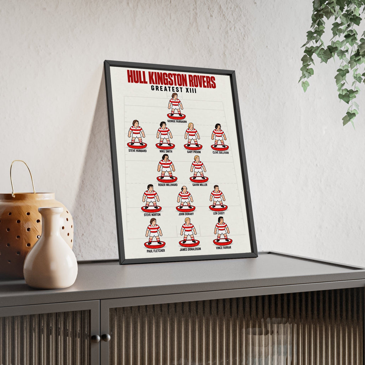 Hull Kingston Rovers Greatest XIII framed print leaning on a sideboard