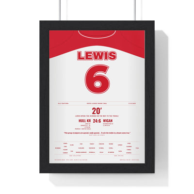 Hull KR Super League Grand Final 2025 Poster - Mikey Lewis 6 Treble Rugby Print framed in a black frame, ready to hang