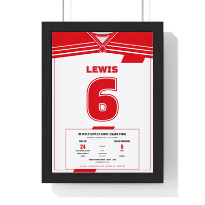 Hull KR Grand Final 2025 Lewis 6 print framed in a black frame, ready to hang