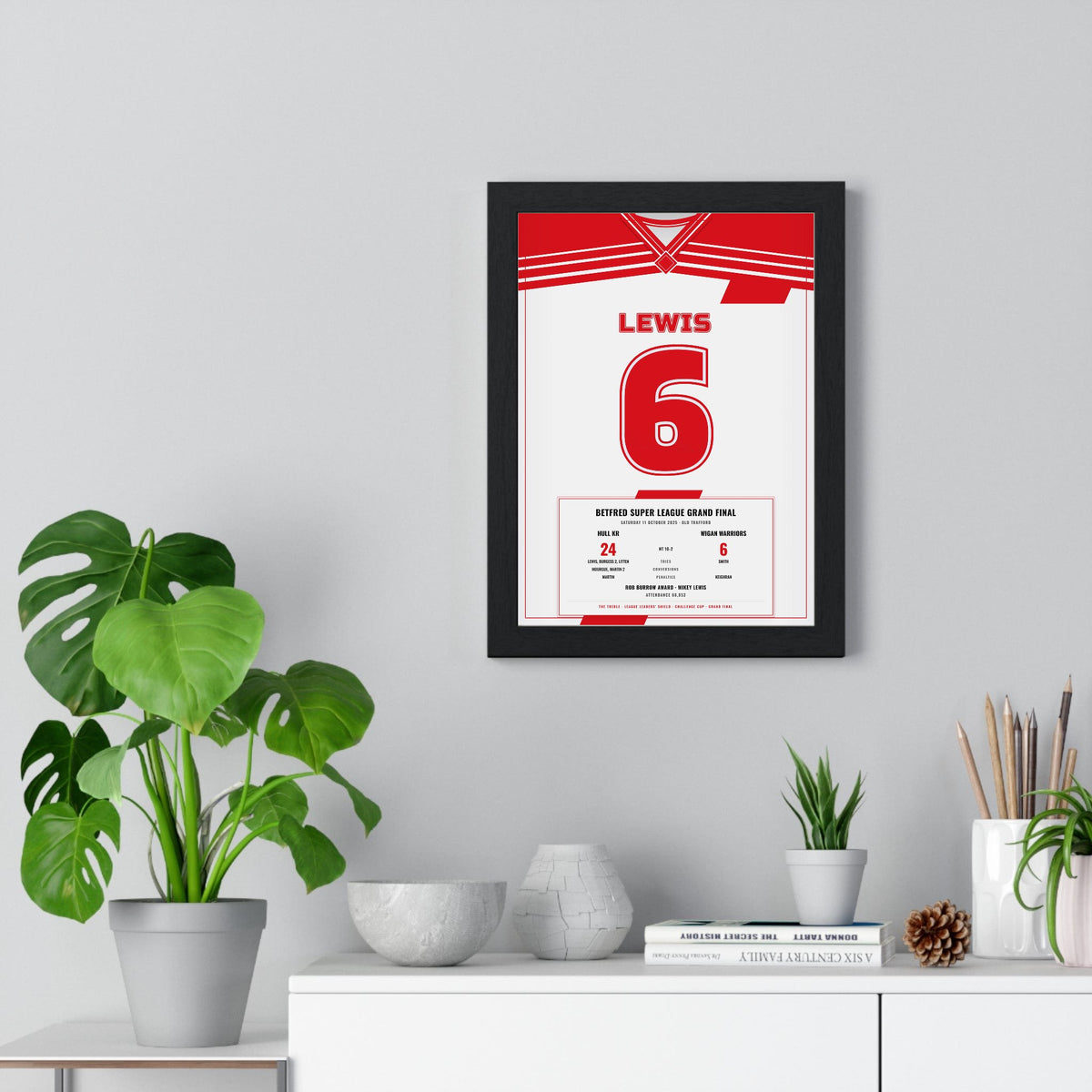 Hull KR Grand Final 2025 Lewis 6 print framed on a living room wall