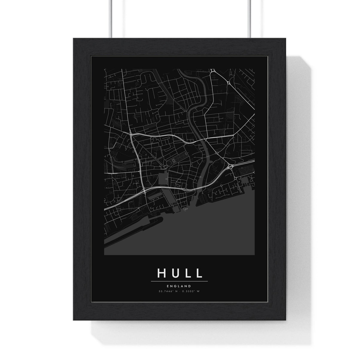 Hull street map poster in black, minimal city map print framed in a black frame
