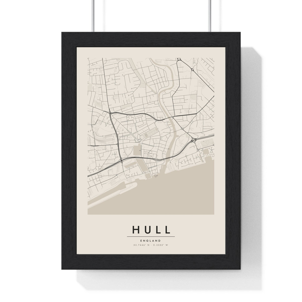 Hull street map poster in cream, minimal city map print framed in a black frame