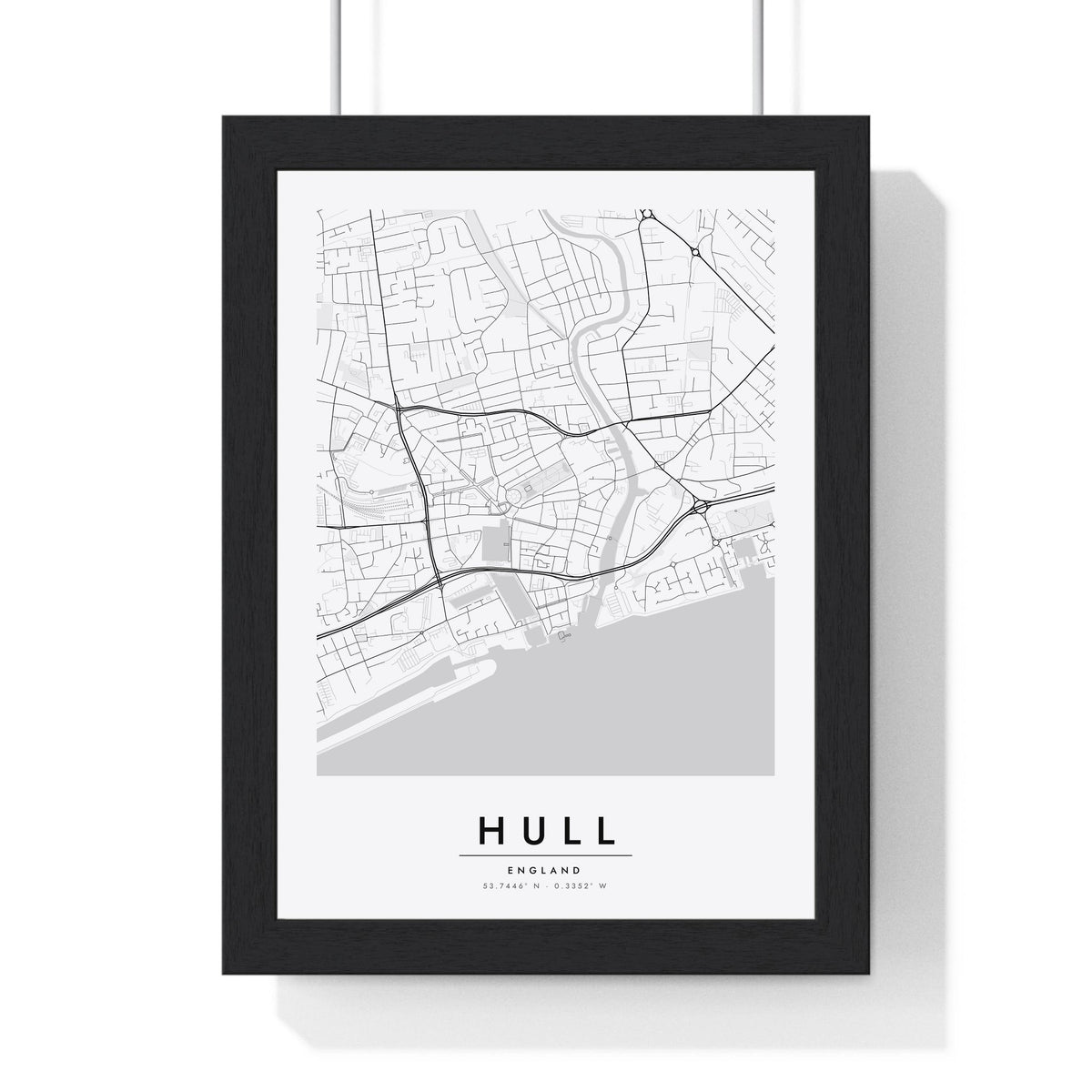 Hull street map poster in white, minimal city map print framed in a black frame