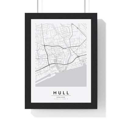 Hull street map poster in white, minimal city map print framed in a black frame