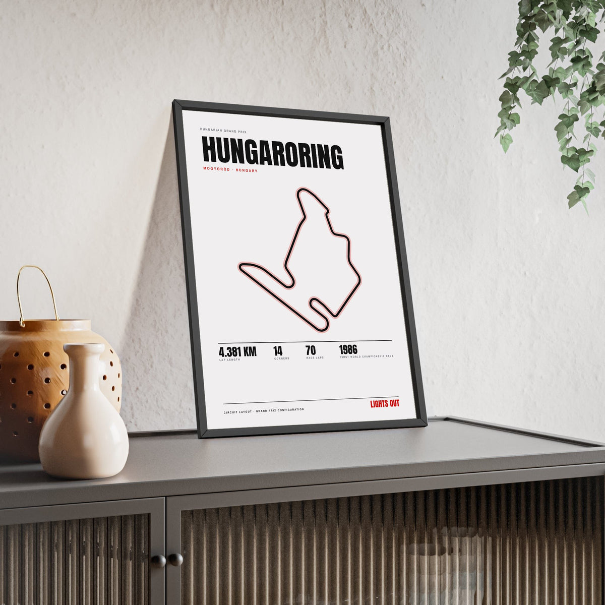 Hungaroring Circuit print White framed and leaning on a sideboard