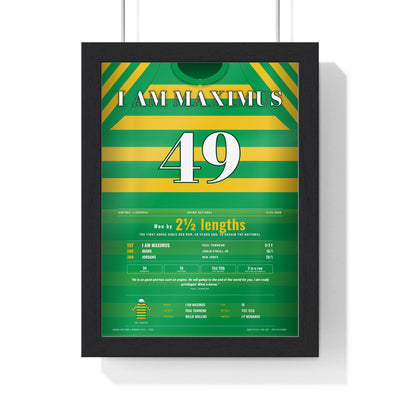 I Am Maximus Grand National 2026 Horse Racing Poster - National Regained Silks Print framed in a black frame, ready to hang