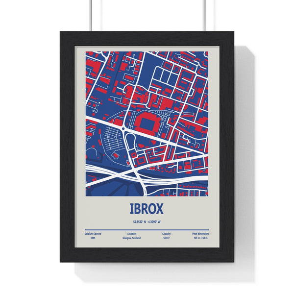 Ibrox Stadium map print framed in black Poster Kingz frame
