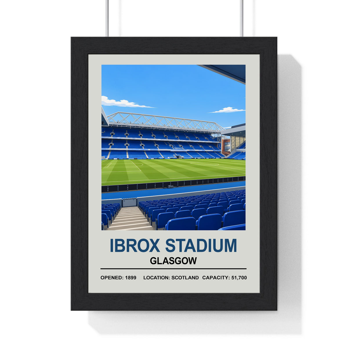 Rangers Ibrox Stadium print framed in a black frame, ready to hang
