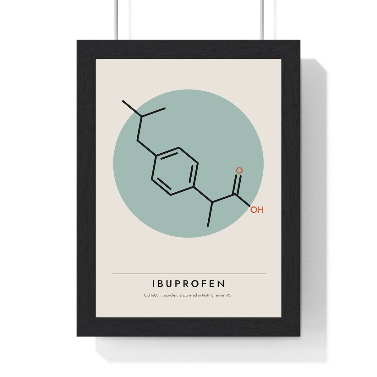 Ibuprofen Molecule print framed in a black frame, ready to hang