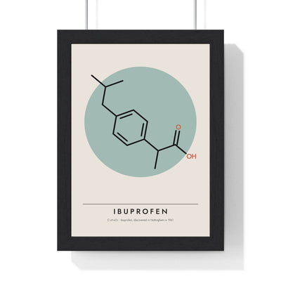 Ibuprofen Molecule print framed in a black frame, ready to hang