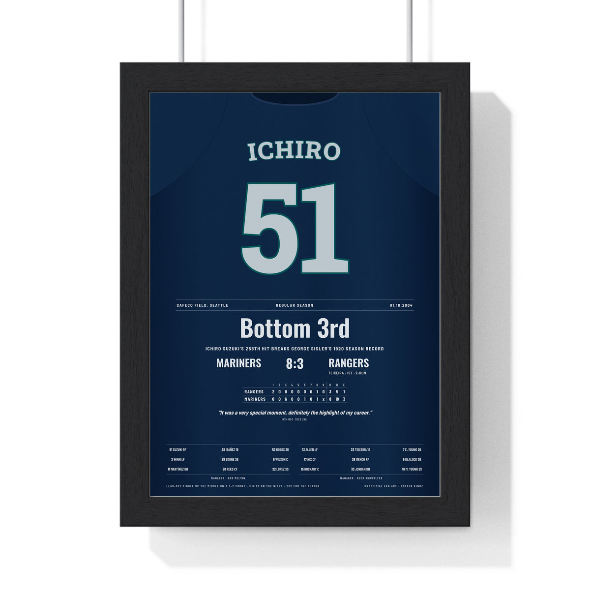 Ichiro Suzuki 2004 Record 258th Hit Poster - Seattle Mariners 51 Jersey Print framed in a black frame, ready to hang