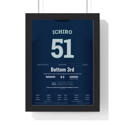 Ichiro Suzuki 2004 Record 258th Hit Poster - Seattle Mariners 51 Jersey Print framed in a black frame, ready to hang
