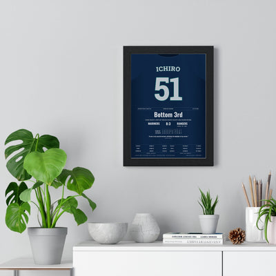 Ichiro Suzuki 2004 Record 258th Hit Poster - Seattle Mariners 51 Jersey Print framed on a living room wall